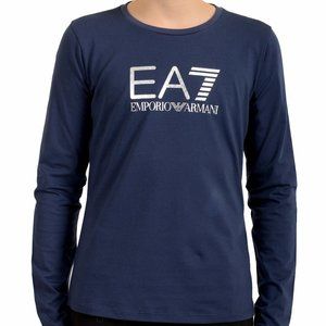 Emporio Armani EA7 Boys Blue Long Sleeve Logo Print Crewneck T-Shirt